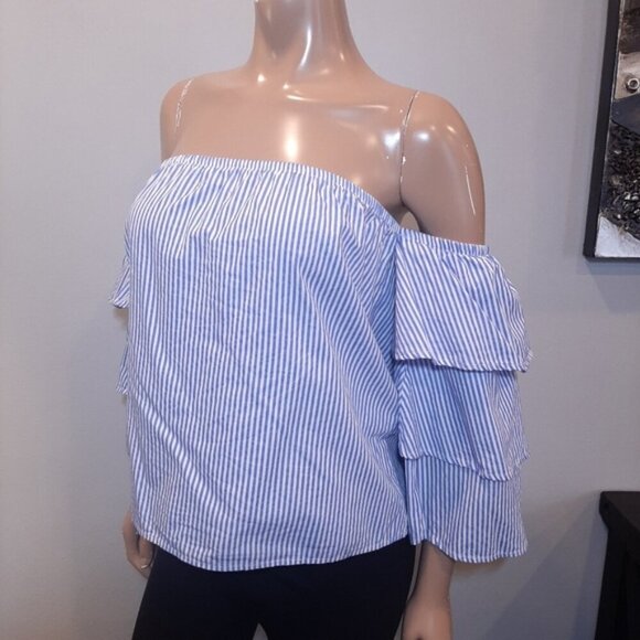 DIZZY LIZZY Strapless Striped Blouse Off Shoulder Ruffled Tiered Sleeve Top - Picture 3 of 8